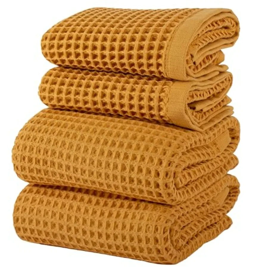 

Bathroom towels set: 100 Turkish cotton, mustrad yellow, honeycomb weave for softness, absorbency, quick-dry, and lightweight l