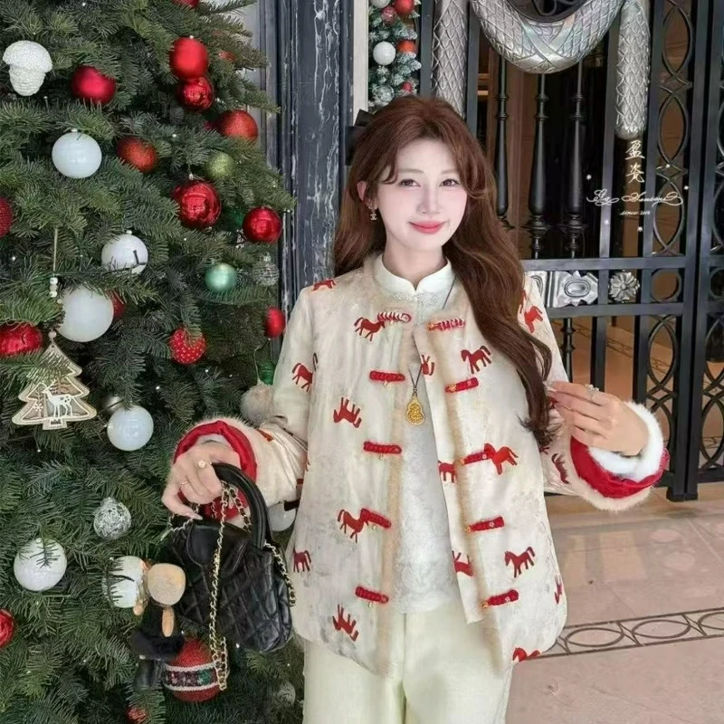 

Зимняя модная повседневная свободная утепленная куртка 2026 года в новом китайском стиле с двусторонним принтом для женщин