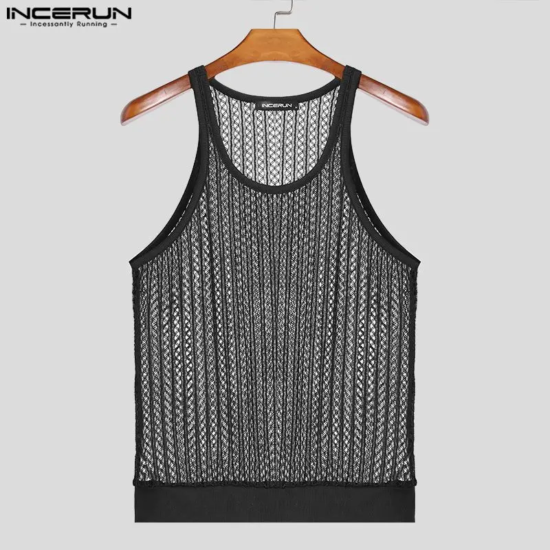 Men Tank Tops Mesh Hollow Out Transparent O-neck Sleeveless Summer Vests Streetwear 2024 Sexy Fashion Men Clothing S-5XL INCERUN