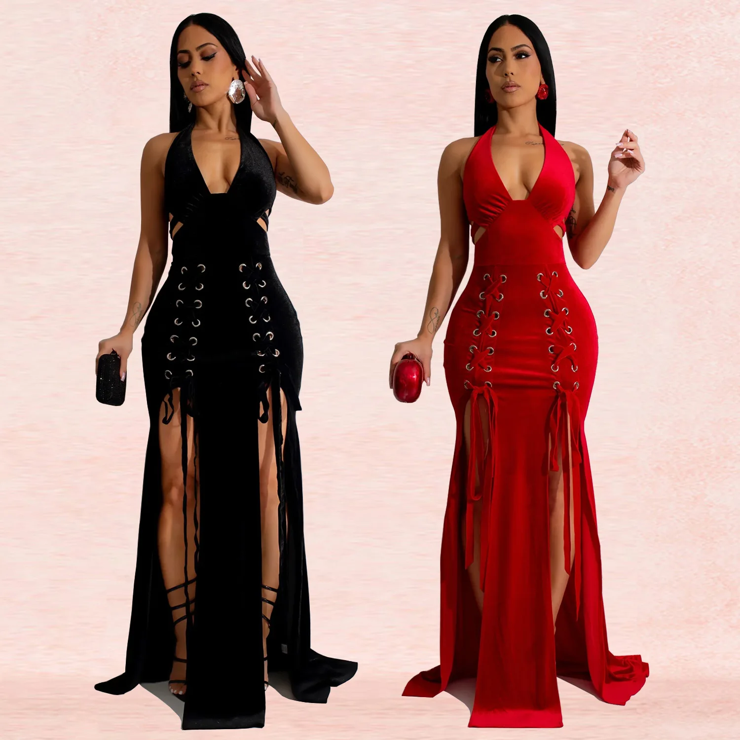 Bandage Velvet V Neck Dress Lady Party Bodycon Evening Dresses Women Elegant Luxury Maxi Long Hollow Out Prom Red Black Dresses