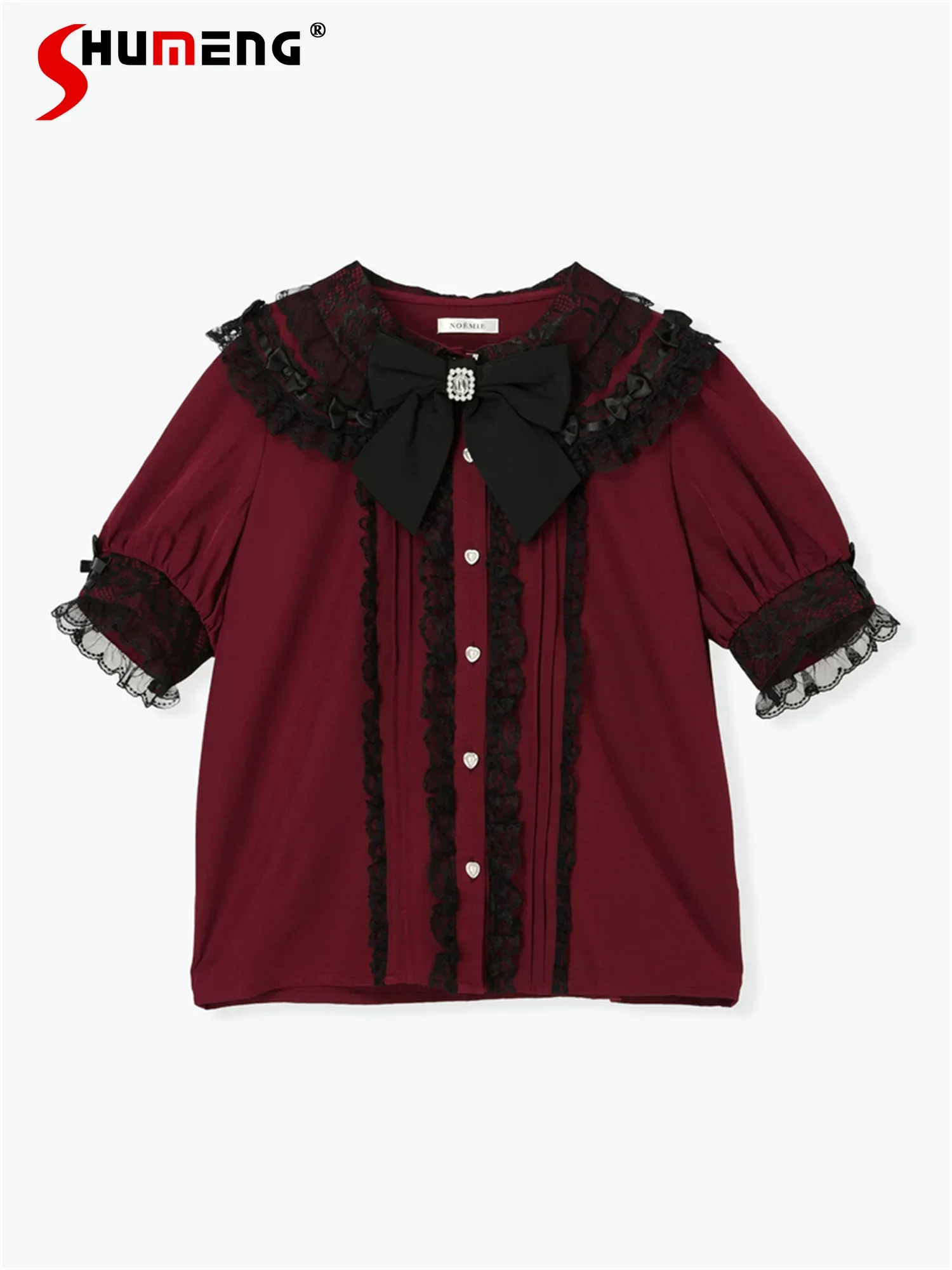 

Japanese Style Mass-Produced Lace Doll Collar Short Sleeve Bow Heart Button Single-Breasted Sweet Kawaii Lolita Shirt Tops Women