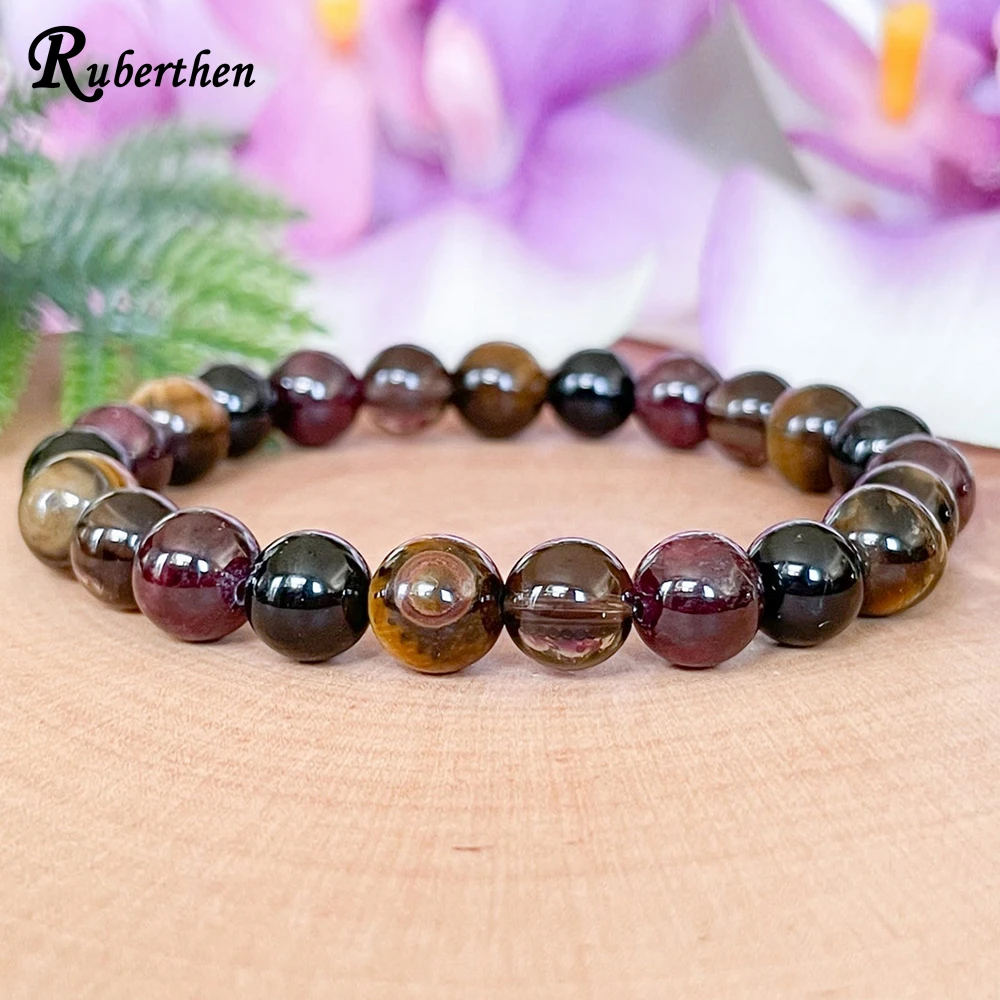 Ruberthen Capricorn Zodiac Gemstone Bracelet Tigers Eye Black Tourmaline Smoky Quartz Garnet Crystals Jewelry January Birthstone