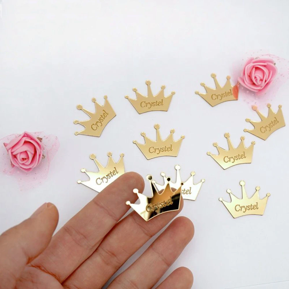 30 Pieces Personalized Name Gold Silver Acrylic Crown Wedding Confetti Table Center Decor Custom Baby Shower Birthday Gift Tags