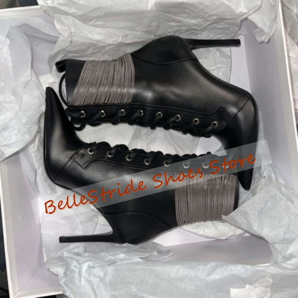 블랙 레이스업 포인티드 토 부츠 체인 장식 무광 가죽 여성 신발 얇은 하이힐 파티 연회 데이트 2025 여성용 신발
