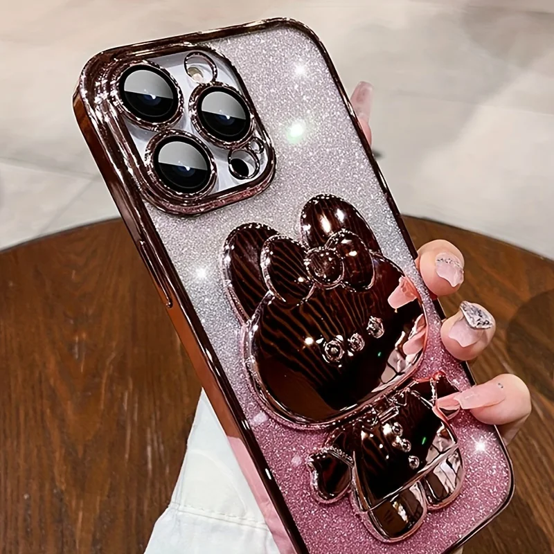 Glitzernder Hasenspiegel mit Farbverlauf und Halterung für iPhone 16 11 12 13 14 Plus 15 Pro Max, Linsenschutz, weiche TPU-Abdeckung – Detail 3