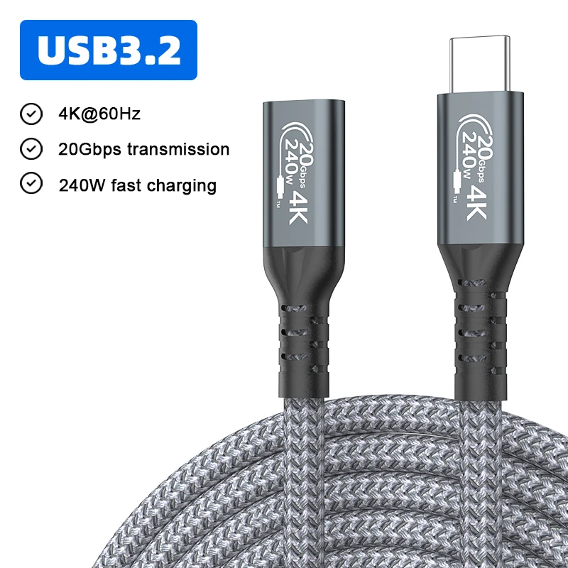 USB C Extension Cable Type C USB3.2 Gen2 20Gbps Data Cord Video 4K 60Hz PD 240W Fast Charging Cable for PC Laptop U Disk