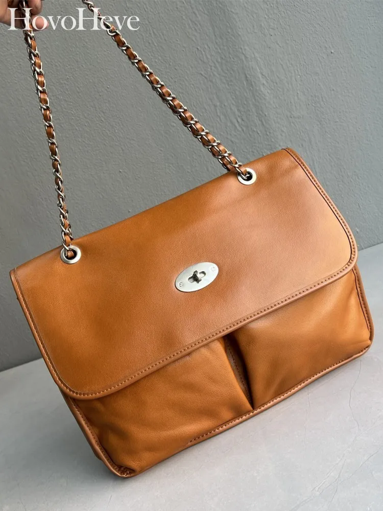 Designer Female Versatile Chain Cowskin Flap Pocket Hasp Genuine Leather Fashion Softshell Single Shoulder Underarm Tote Handbag