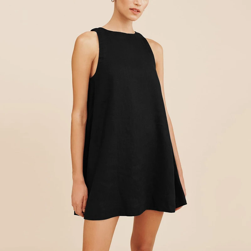 Klassieke effen kleur katoen-linnen damesjurk nieuwe collectie eenvoudige mouwloze tankjurk casual zomerjurken met ronde hals