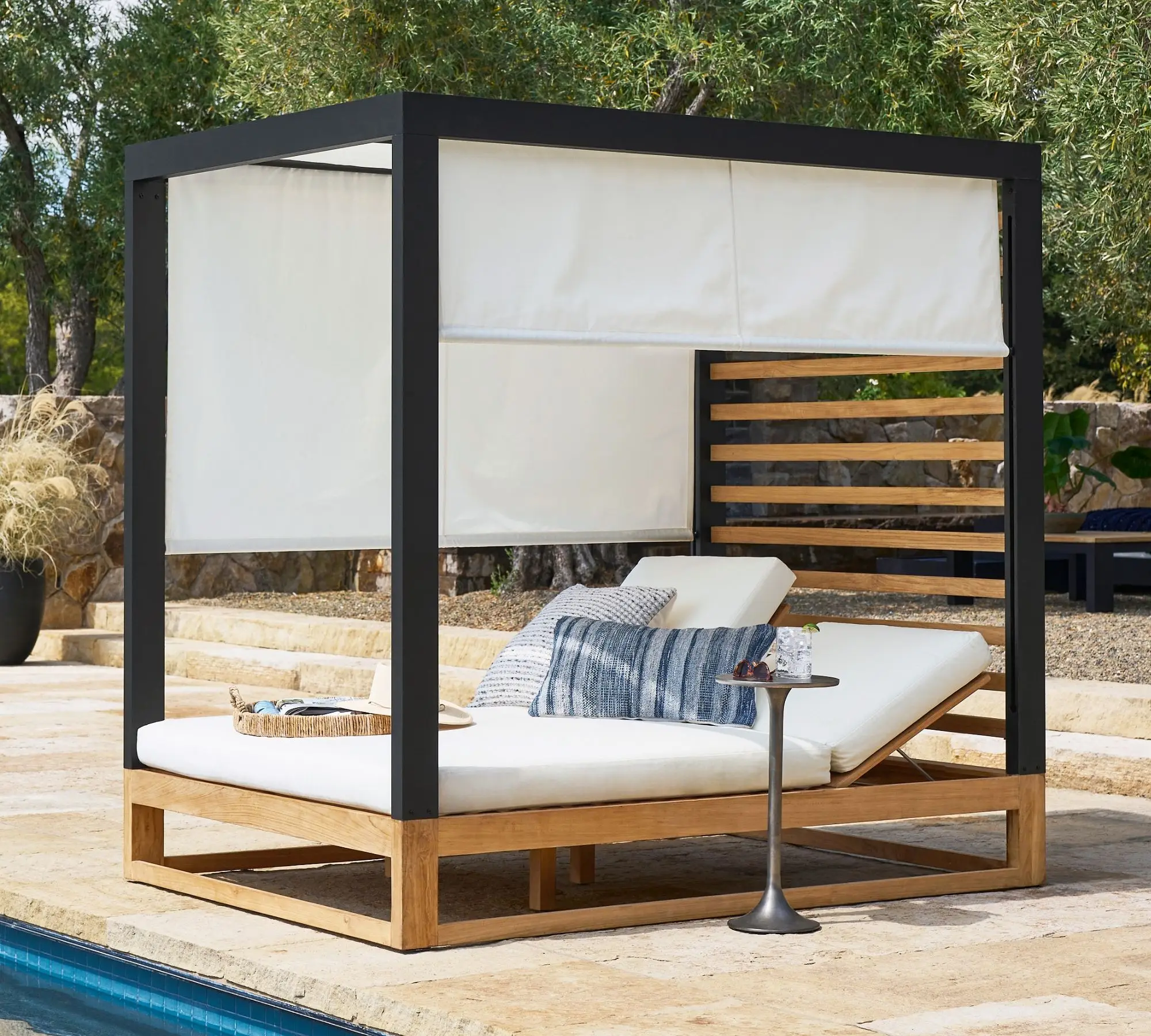 

New Arrival Modern Metal & Teak Outdoor Garden Set Double Chaise Daybed Sun Lounge Canopy Bed