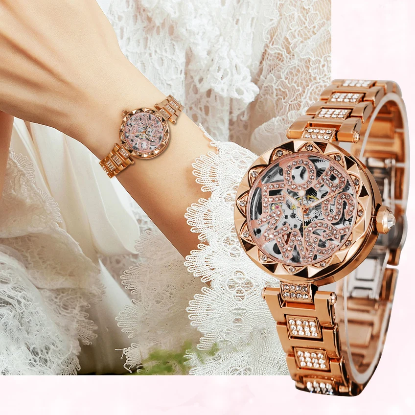 

Rose Gold Diamond Automatic Movement Woman Wristwatch Skeleton Mechanical Ladies high-end luxury Women's stainless steel watches