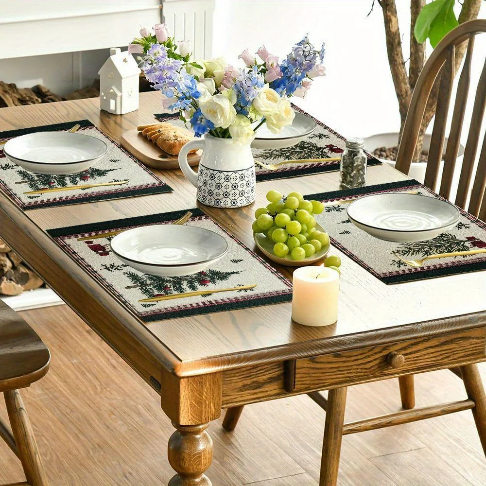 Set of 4 Festive Christmas Tree Placemats - Durable Linen Buffalo Plaid, Heat-Resistant Washable Table Mats