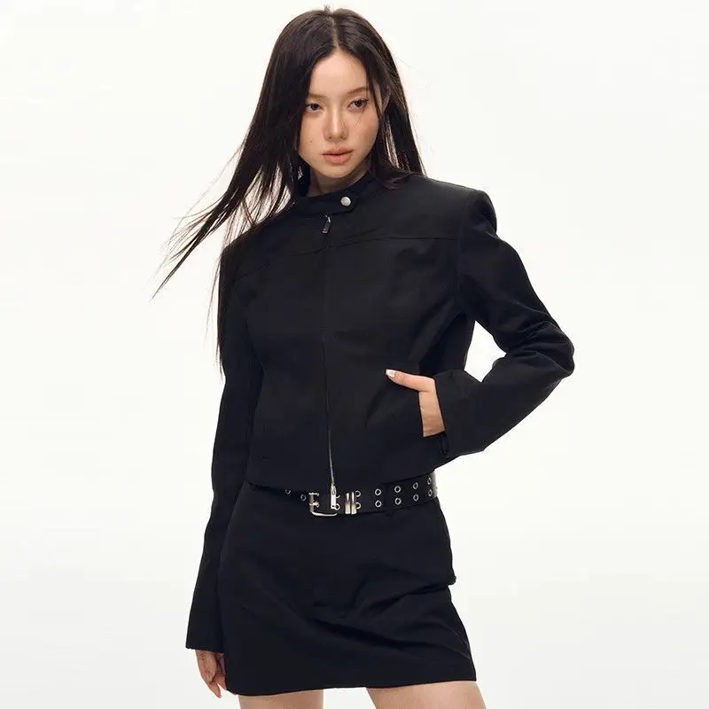 Retro Sweet Cool Women's Crop Outerwear Spring Black Jacket Stand Collar Slim Design Stylish Bomber Jacket Top