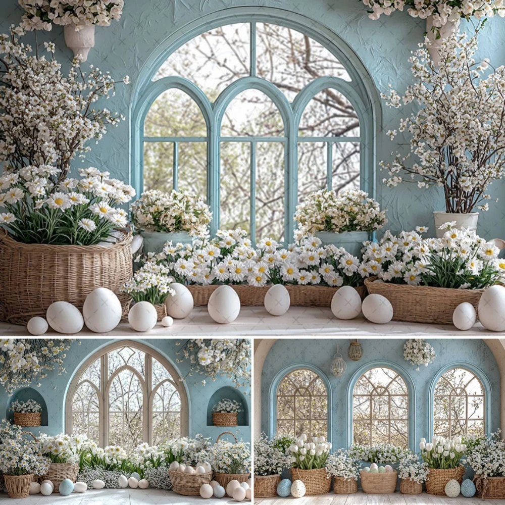 

Spring Easter Photography Background Arch Window Flowers Eggs Kids Birthday Party Portrait Decor Backdrop Photo Studio