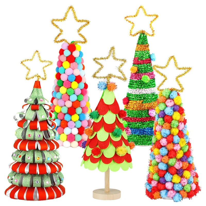 Árvore de Natal artesanal para crianças, artes dos desenhos animados, não tecidos, pompom, kit de artesanato, brinquedos educativos criativos, bricolage, zk30