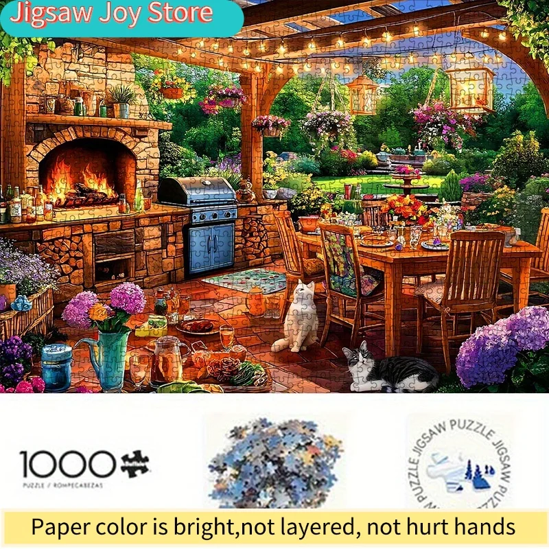 

Набор для творчества: бумажный пазл «Очаровательный кот и вечеринка на террасе с барбекю, камина и видом на сад», высококачественный белый картон, идеально подходит для