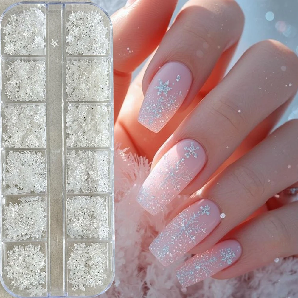 12Grids Christmas Sugar Diamond Snowflake Glitter Nail Charms Sparkling Star Butterfly Heart Nail Flakes DIY Winter Nail Decor