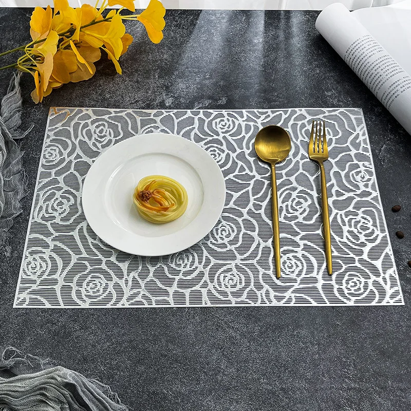 6/4pcs Rectangular Rose Placemats Hollowed Out PVC Light Luxury Dining Table Decor Mat Anti Slip and Thermal Insulation Meal Mat