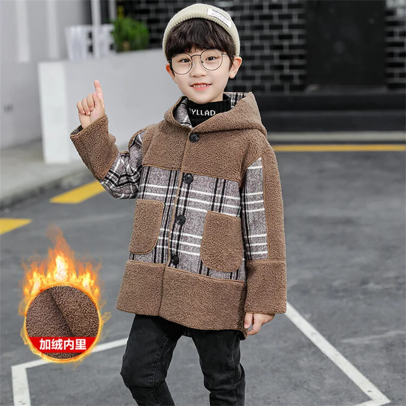 Girls Wool Coat Jacket Outerwear 2022 Hooded Thicken Plus Velvet Winter Autumn Cotton Children\'s Clothing