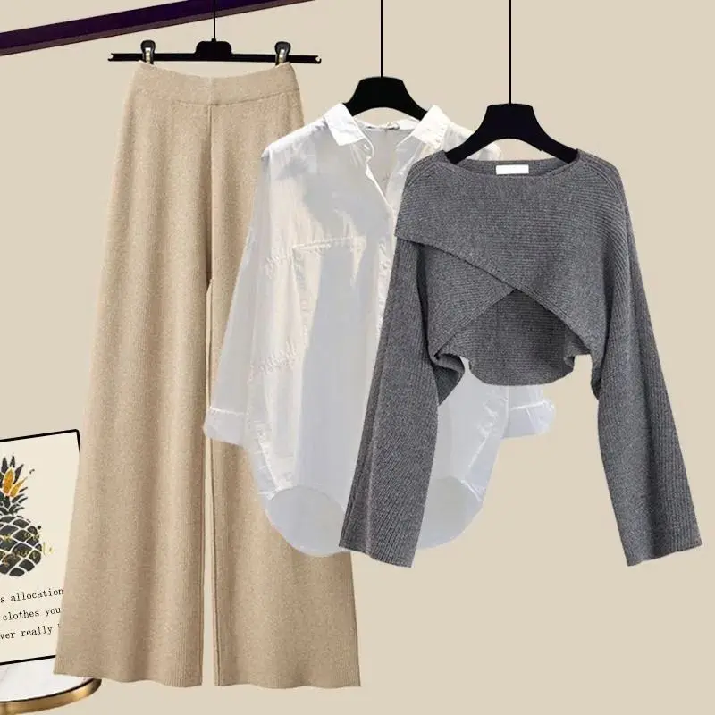 ผู้หญิงฤดูใบไม้ร่วงฤดูหนาวสั้นเสื้อกันหนาวเสื้อถักกางเกง 1 หรือสามชิ้นชุดLady Crop Topsเสื้อกางเกงชุด 2025