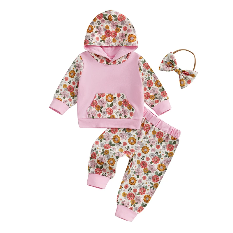 

Baby Girls Fall Outfits Floral Print Long Sleeves Hoodie Sweatshirt and Elastic Pants Headband 3 Piece Clothes Set