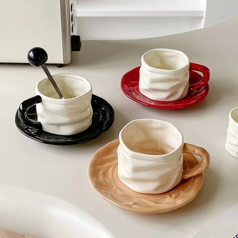 Creative Pleated Paper Ceramic Cup&saucer Dining Table Coffee Mug Milk Tea Mugs Afternoon Tea Teacup Fruit Juice Container