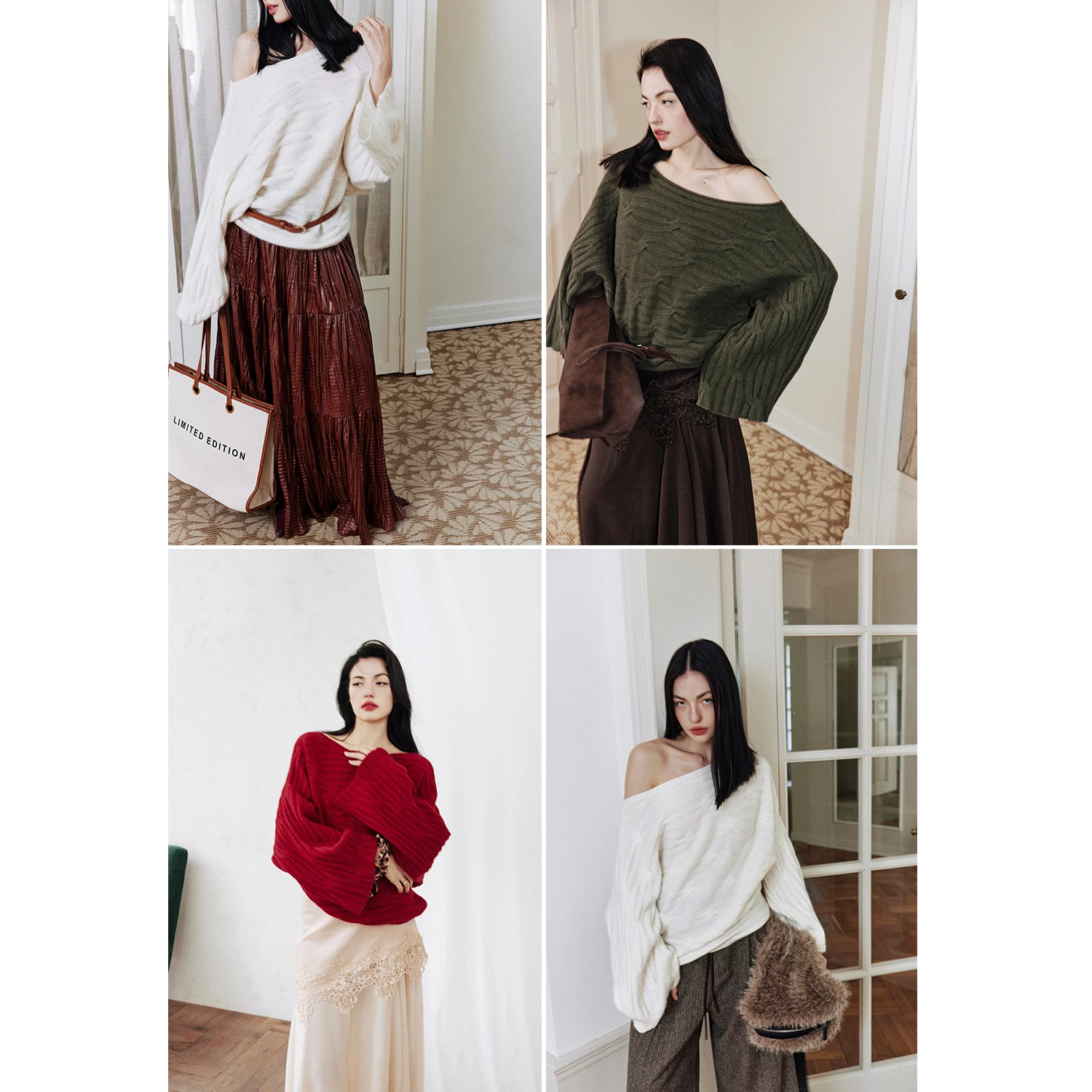 

Женский теплый и уютный зимний свитер Rosebanks оверсайз с рукавами «летучая мышь», на одно плечо, свободного кроя, из мягкой смесовой шерсти