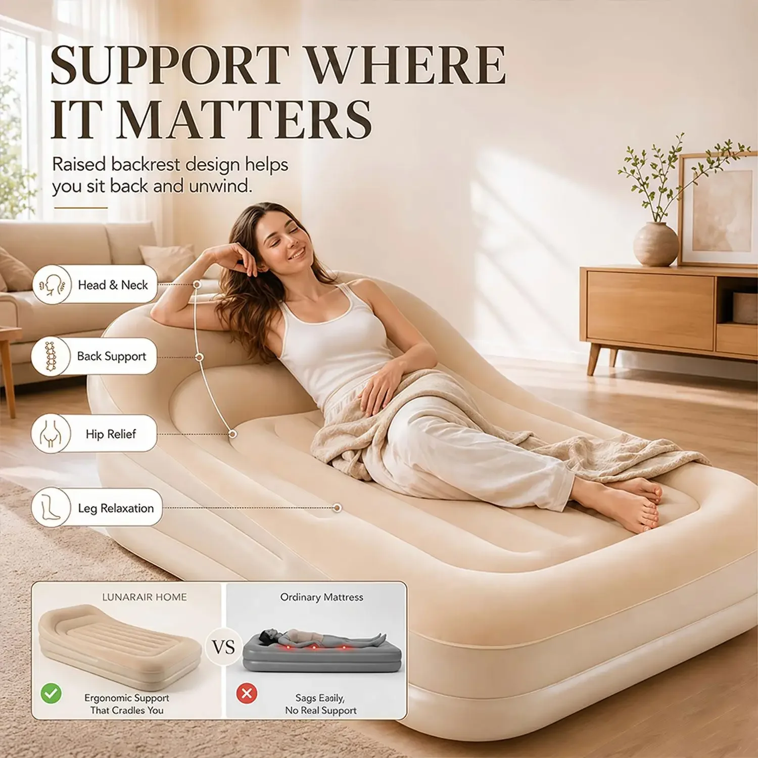 3-In-1 Convertible Sleeper Sofa Bed Heavy Duty Flocked Inflatable Air Couch Built-in Backrest Waterproof Foldable Mattress Portable Furniture with Air Pump for Indoor Bedroom Living - view 2