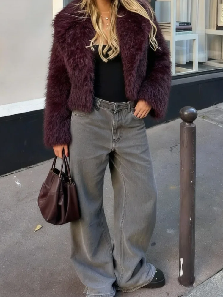 

Missuoo Women's Burgundy Cropped Teddy Jacket V-neck Long Sleeves Plush Fleece Coat 2025 Fall Winter Stylish Outerwears