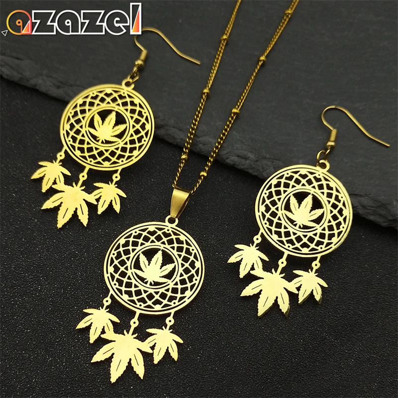 

Maple Leaves Dreamcatcher Pendant Necklace Earrings For Women Men Stainless Steel Gold Color Hollow Plant Amulet Jewelry Set
