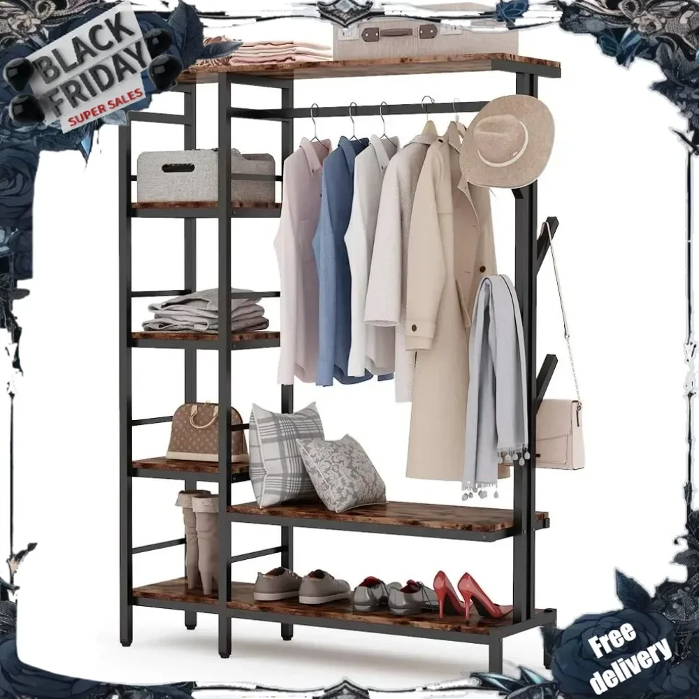 Free-standing Open Closet with Hooks, Metal Clothes Shelf Garment Rack with Shelves and Hanging Rod