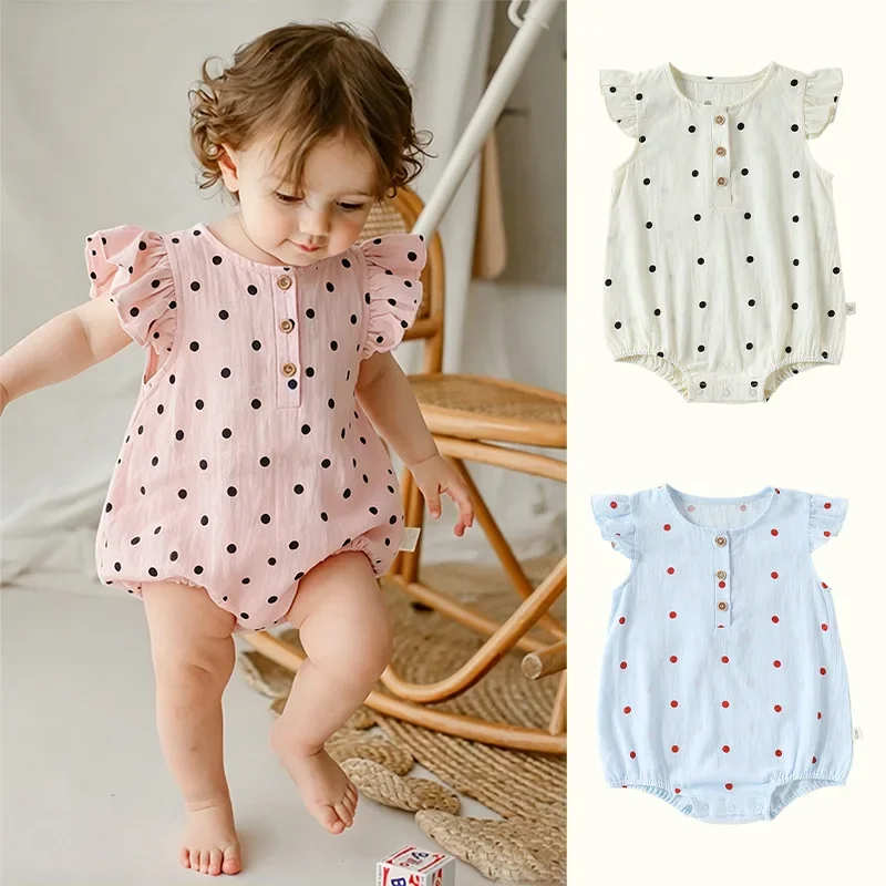 ZOETOPKID Toddler Baby Girl Bubble Romper Bow Dot Print Flying Sleeve Doll Collar Jumpsuit Cute Summer Spring Clothes