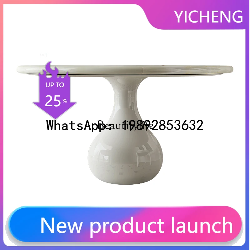 

QQ **Imported natural white ice jade marble dining table light luxury cream style solid wood round dining table