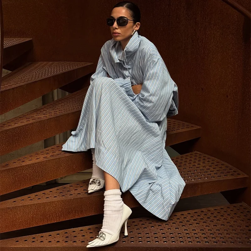 Chic Striped Women's Jacket Skirts Suit Stand Collar Drawstring A-Line Skirts Lady Set 2026 Summer Autumn 2 Pieces Set Women New