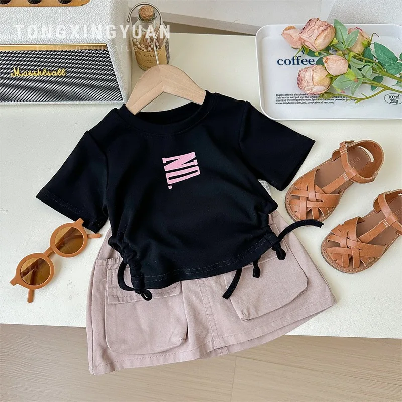 

Children's Clothing New Summer Girls' Letter DrawstringTT-shirt Children's Skirt Suit Skirt Two-Piece Set