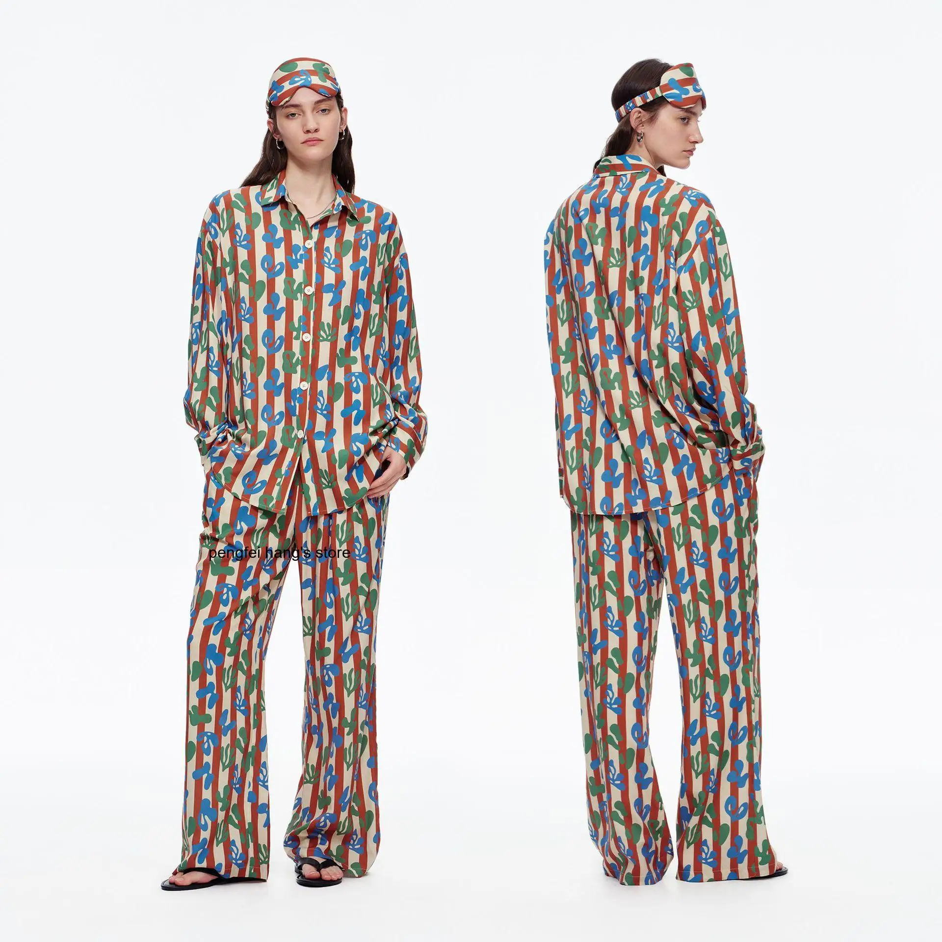 

Women New Lyocell Sleepwear Striped Print Long Sleeve Two Piece Outfit Soft Drapey Breathable Casual Home Wear European Style