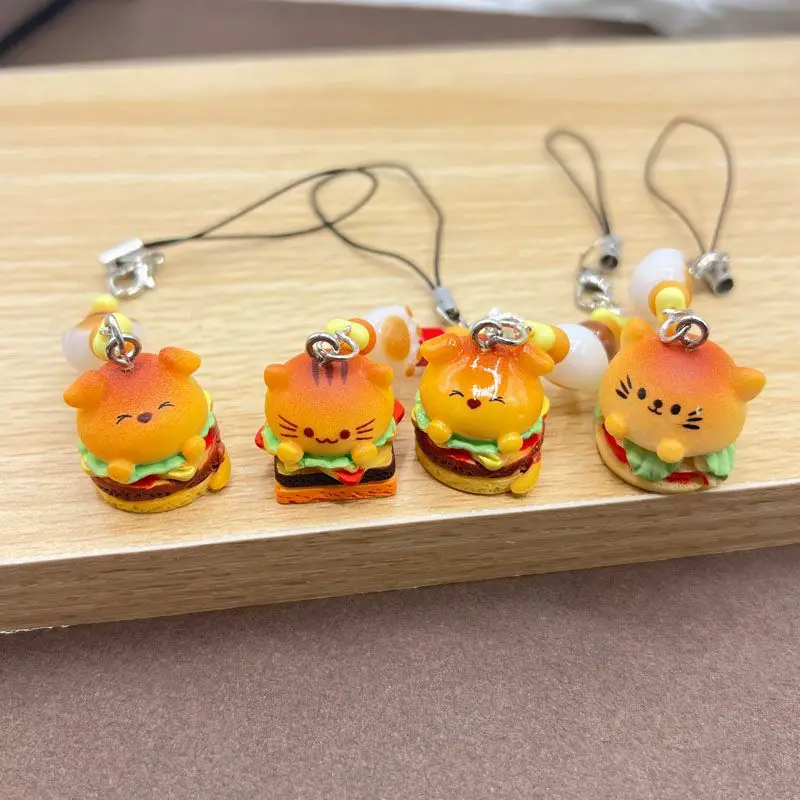 3D Cat Hamburger Phone Charms Pendant Cute Kawaii Bead Handmade DIY Customized Cases For iP 15 Schoolbag Ins Korea New