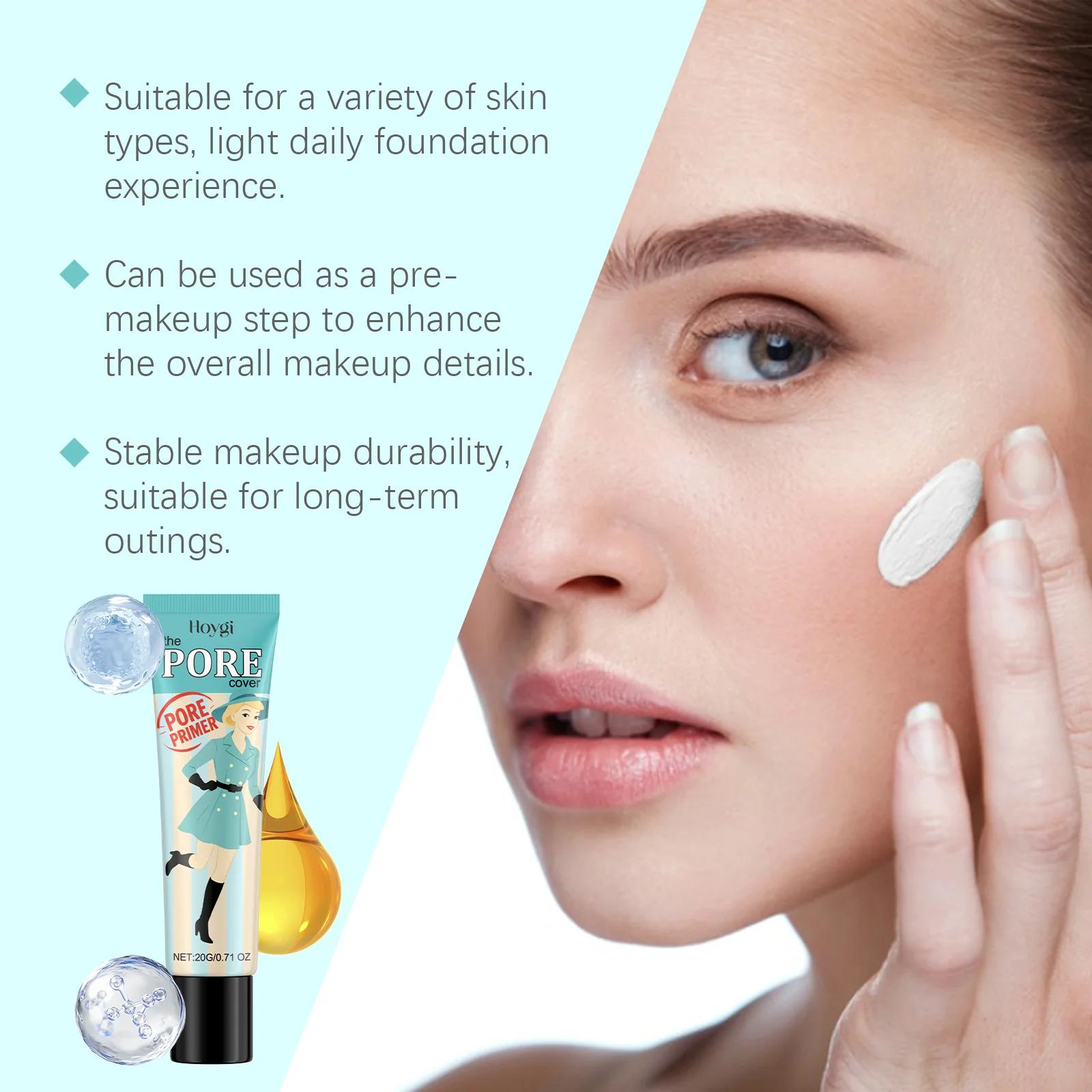 Hoygi Pore Primer Face Makeup Base Invisible Pores Oil Control Hydrating Long Lasting Waterproof Brightening Even Skin Tones 20g