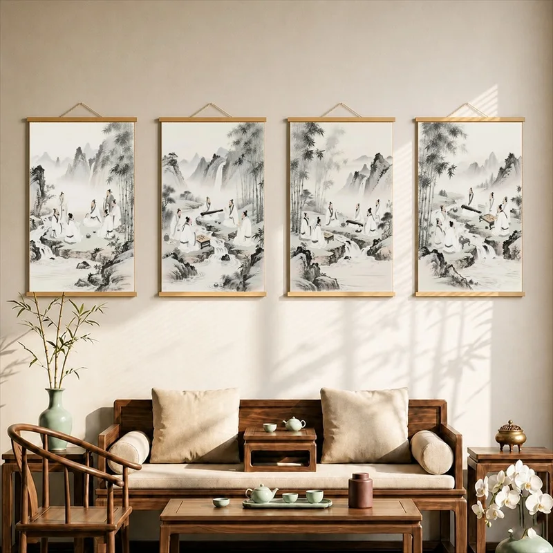 Wall Art Ancient Scholars beside Mountain Streams, Pearlescent Canvas Hanging Scroll for Calligraphy Studio Interior Decor