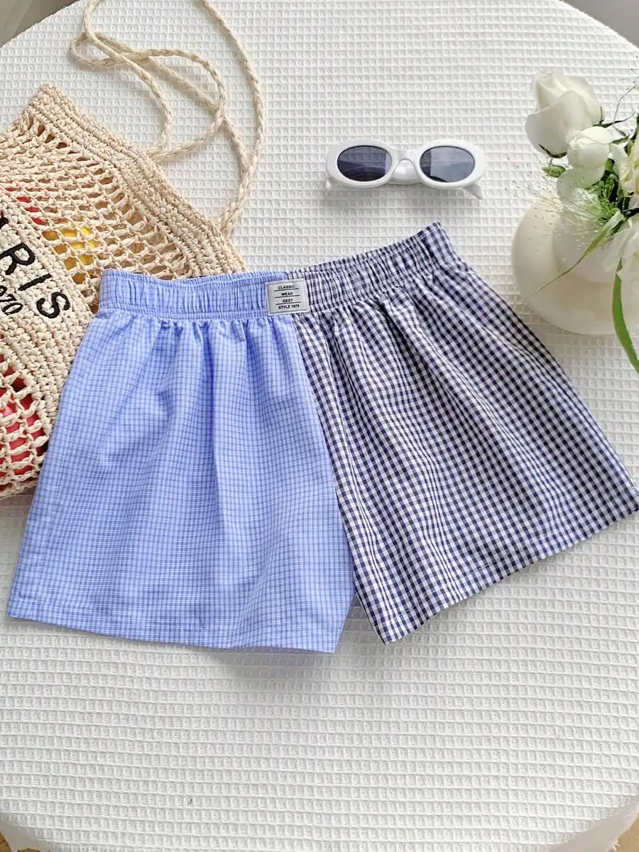 

Womens Gingham Checkered Shorts Casual Elastic Waist Loose Fit Summer Beach Outfit