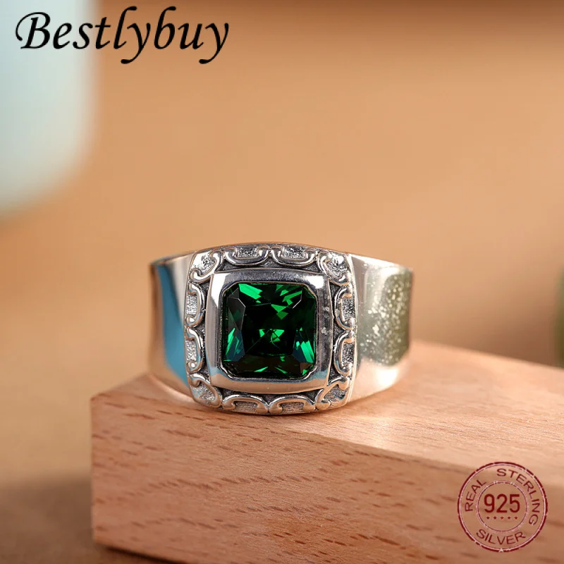 

Fashionable classic S925 Pure Silver Retro Inlaid Square Green Zirconium Ring Men's Gift