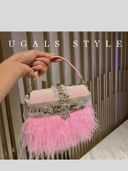 Bolso de terciopelo de pelo de avestruz de lujo para mujer, bolso de noche con diamantes de imitación de cristal, bolso de mano para fiesta de boda, bolso cruzado