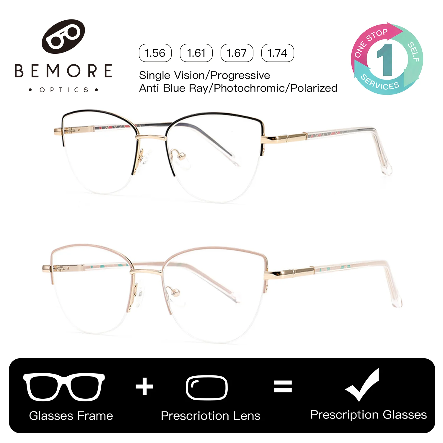 

BEMORE Woman Half Rimless Square Progressive Glasses Ultralight Metal Anti-Blue Light Photochromic Prescription Eyewear