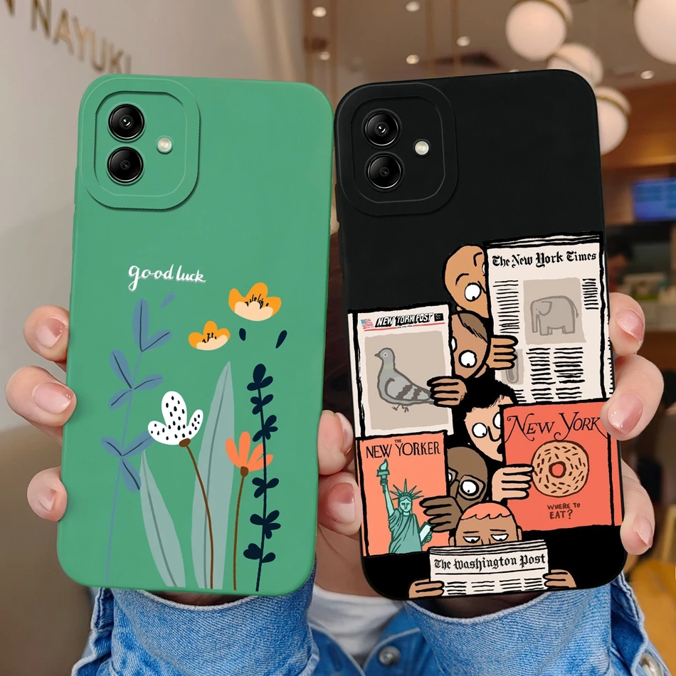 Phone Case For Samsung A04 A04E A04S Cartoon Liquid Silicone Lens Protection Black Cover For Galaxy A 04 E S Coque Bumper Capa