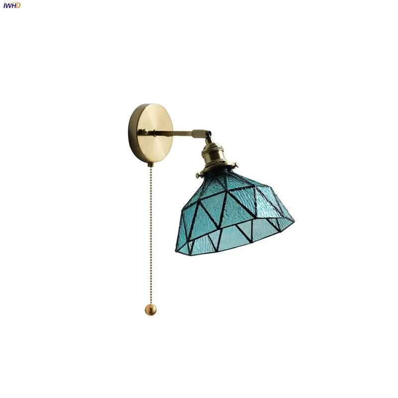 

IWHD Tiffany Blue Glass LED Wall Lamp Sconce Living Dining Room Bar Rotate Copper Pull Chain Switch Stair Light Fixtures Lampara