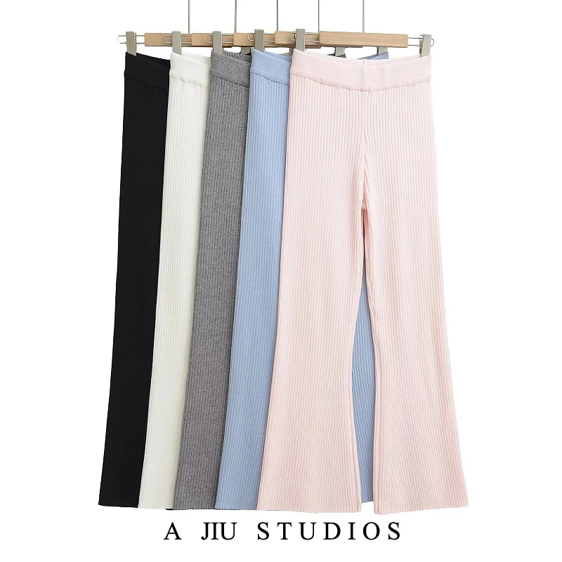 Pantaloni svasati a vita alta Street Sle Pantaloni casual a gamba larga lavorati a maglia da donna Pantaloni lunghi dimagranti elastici primaverili