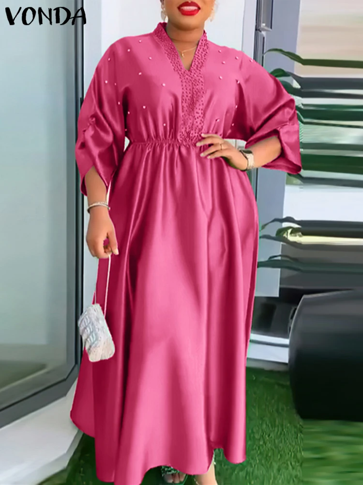 

Plus Size VONDA Women Dress 2025 Elegant Solid Color Sundress Vintage Three Quarter Sleeve Dress Sexy V-Neck Loose Robe Vestidos