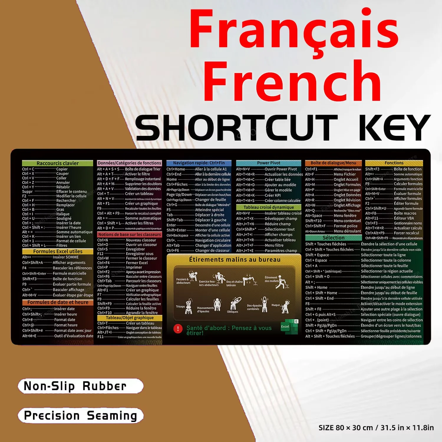 Alfombrilla de ratón con teclas de atajos de French Français Excel, hoja de trucos, teclado, alfombrilla de ratón, Software, alfombrilla de escritorio para juegos, Protector de goma para oficina