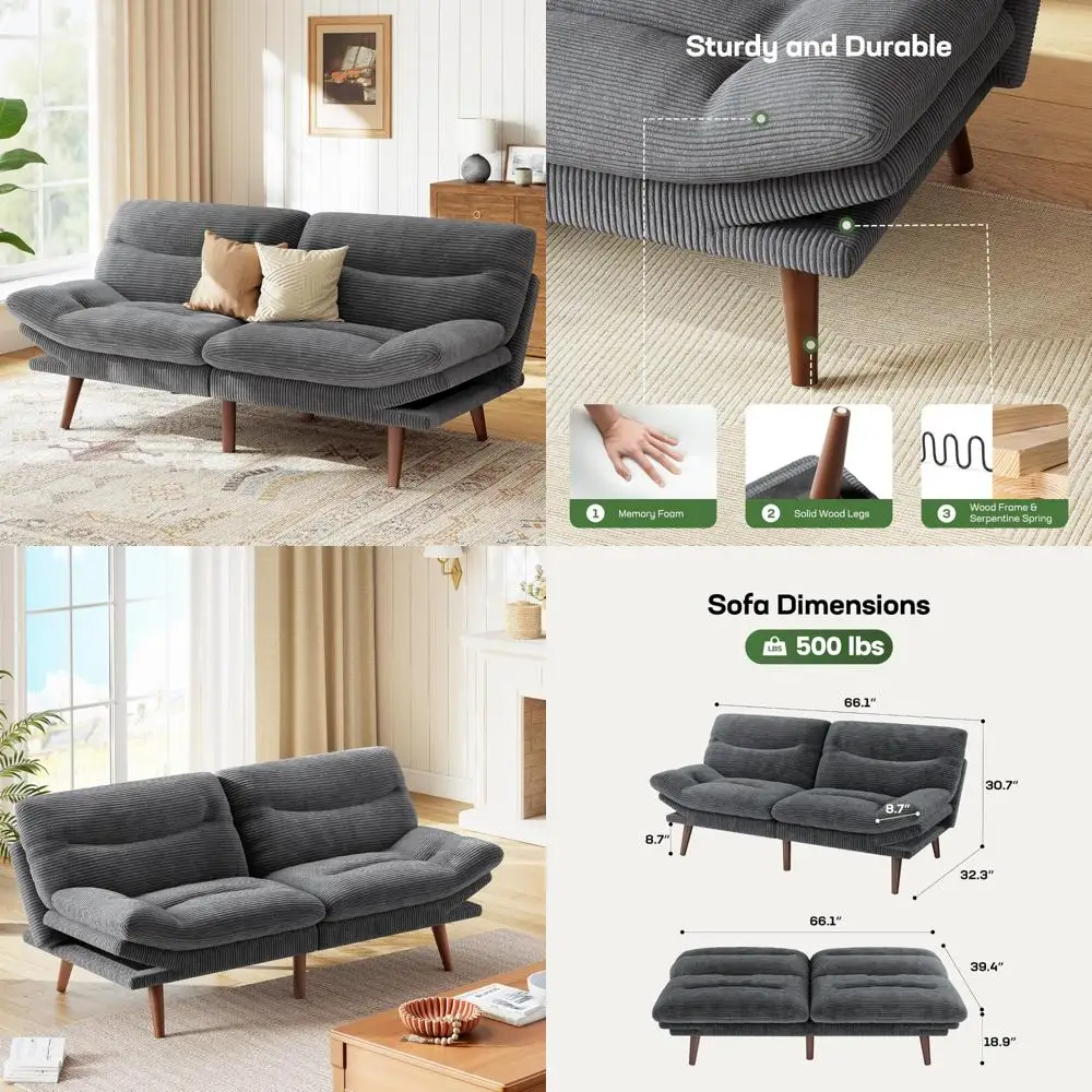 

Convertible Futon Sofa Bed with Adjustable Backrest and Armrests, Ideal for Small Apartments