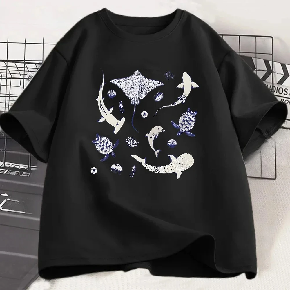 Sea Animal T Shirt Stingray Shark Turtle Dolphin Graphic Tee Ocean Life Top Marine Biology Apparel Summer Casual Clothing