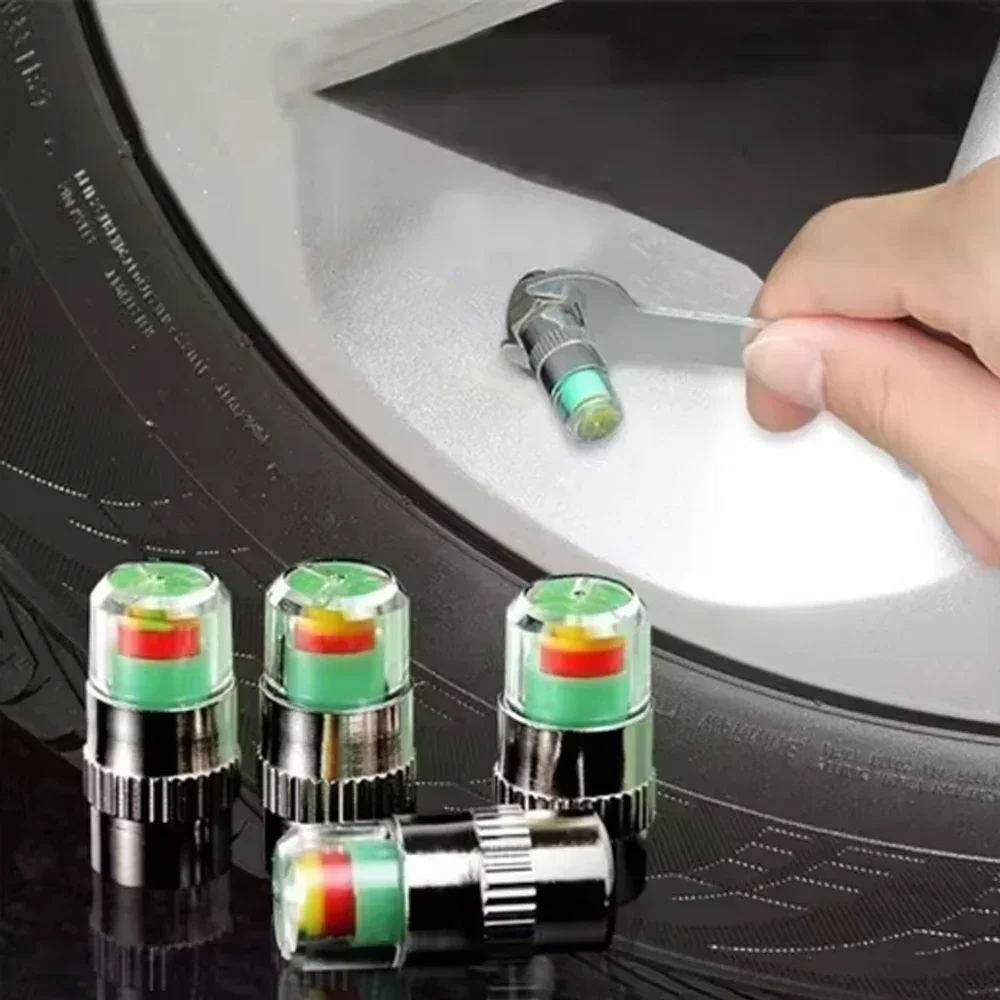 4/8PCS Car Tire Pressure Detection Cap Warning Cap Copper Core Valve Cap 3 Colors Eye Warning Device Tire Pressure Monitoring